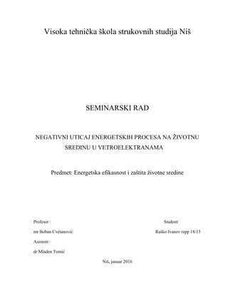 Negativni uticaj energetskih procesa na životnu sredinu u vetroelektranama