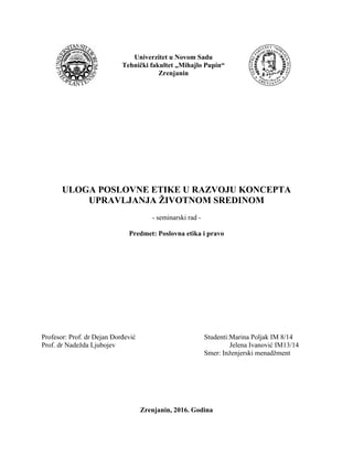 Uloga poslovne etike u razvoju koncepta upravljanja životnom sredinom