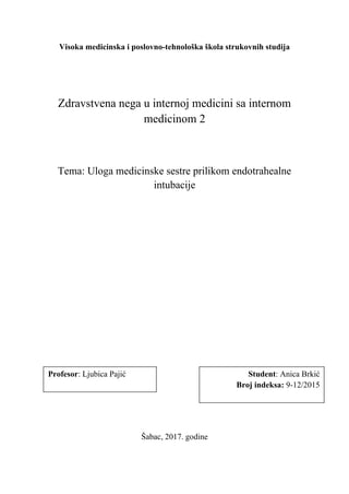 Uloga medicinske sestre prilikom endotrahealne intubacije