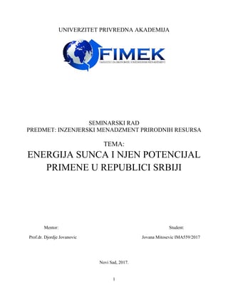 Energija sunca i njen potencijal primene u Republici Srbiji