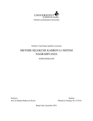 Metode selekcije kadrova i sistem nagrađivanja