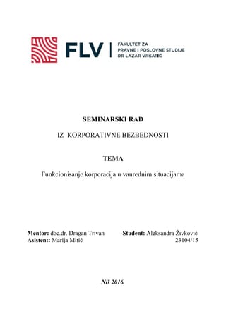 Funkcionisanje korporacija u vanrednim situacijama