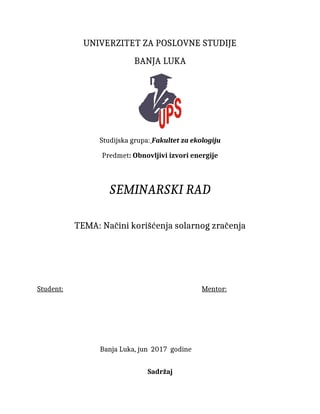 Načini korišćenja solarnog zračenja