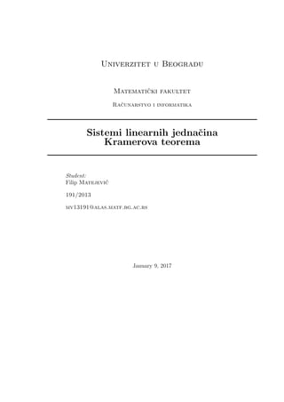 Sistemi linearnih jednačina- Kramerova teorema