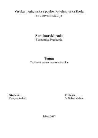 Troškovi prema mestu nastanka