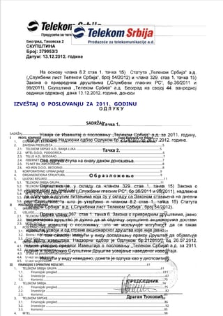 Odluka o usvajanju Izveštaja o poslovanju za 2011. godinu Telekom Srbija