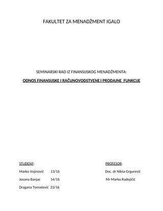 Odnos finansijske, računovodstvene i prodajne funkcije preduzeća