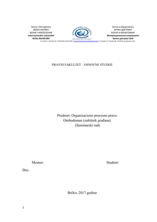 Ombudsman (zaštitnik građana) u Bosni i Hercegovini: organizaciono procesno pravo