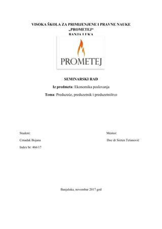 Preduzeće, preduzetnik i preduzetništvo