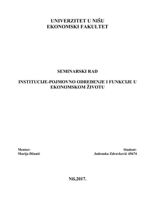 Institucije-pojmovno određenje i funkcije u ekonomskom životu