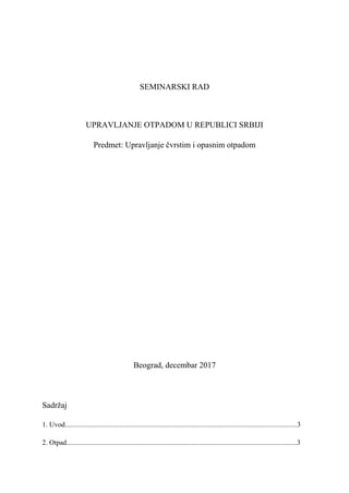 Upravljanje otpadom u  Republici Srbiji