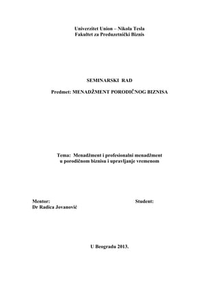 Menadžment i profesionalni menadžment u porodičnom biznisu i upravljanje vremenom