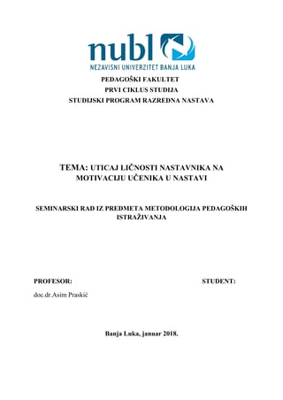 Uticaj ličnosti nastavnika na motivaciju učenika u nastavi