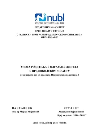 Uloga roditelja u predškolskom uzrastu