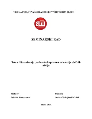 Finansiranje preduzeća kapitalom od emisije običnih akcija