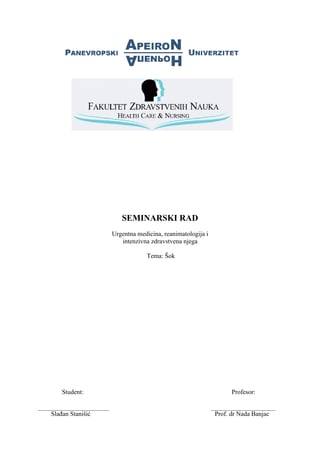 Šok: urgentna medicina, reanimatologija i intenzivna zdravstvena nega