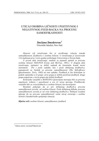 Uticaj osobina ličnosti i feed backa na procenu samoefikasnosti