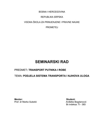 Podela sistema transporta i njihova uloga