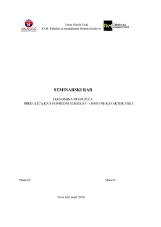 Preduzeće kao privredni subjekat-osnovne karakteristike