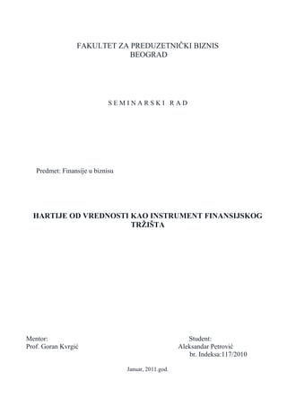 Hartije od vrednosti kao instrument finansijkog tržišta