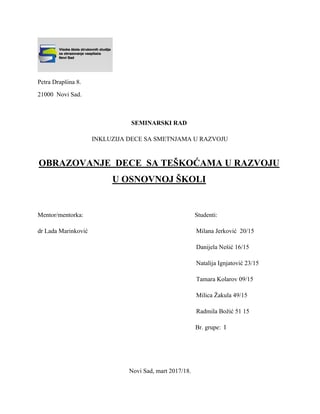 Obrazovanje dece sa teškoćama u razvoju u osnovnoj školi