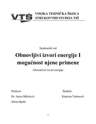 Obnovljivi izvori energije I mogućnost njene primene