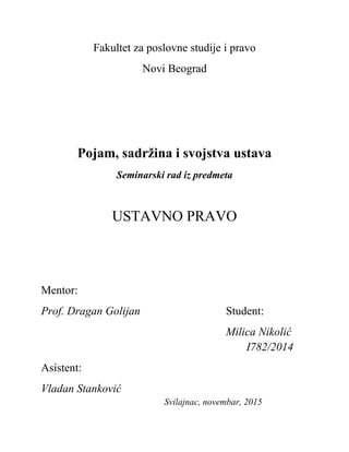 Pojam, sadržina, i svojstva ustava