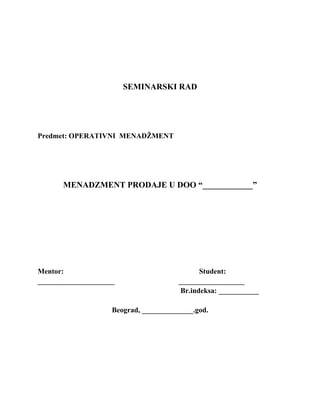 Menadžment prodaje u DOO “____”