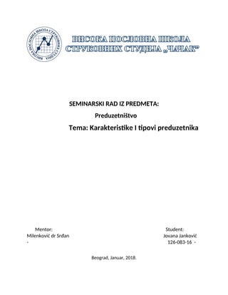 Karakteristike I tipovi preduzetnika