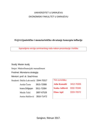 Kejnezijanističko i monetarističko shvatanje koncepta inflacije