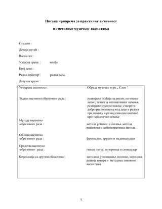 Priprema za praktičnu aktivnost iz metodike muzičkog vaspitanja: obrada muzičke igre “slon”