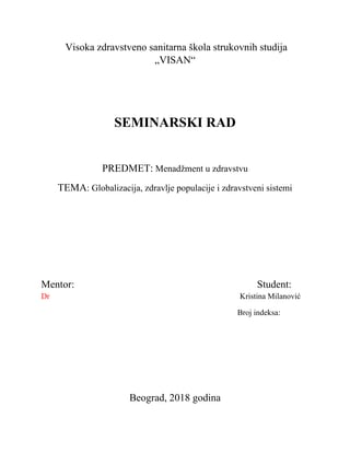 Globalizacija, zdravlje populacije i zdravstveni sistemi