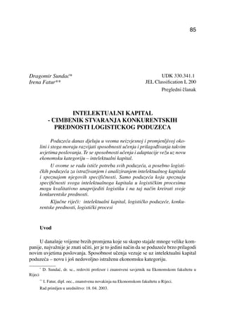 Intelektualni kapital – činbenik stvaranja konkurentskih prednosti logističkog preduzeća