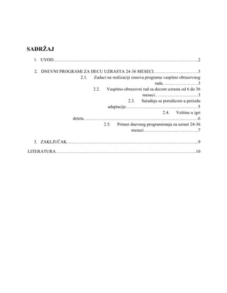 Primer dnevnog programiranja za uzrast 24-36 meseci