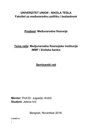 Međunarodne finansijske institucije – MMF i Svetska banka