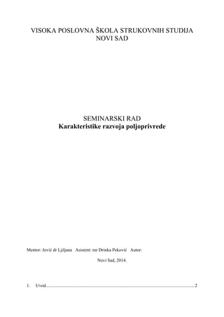 Karakteristike razvoja poljoprivrede