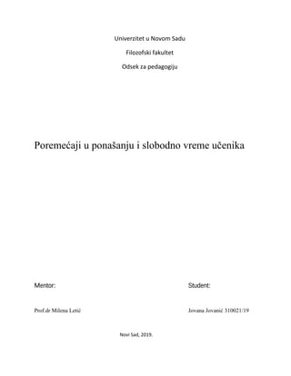 Poremećaji u ponašanju i slobodno vreme učenika