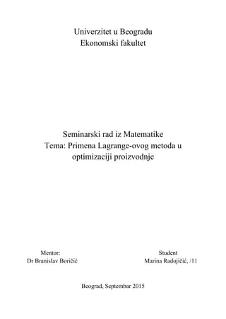 Primena Lagrange-ovog metoda u optimizaciji proizvodnje
