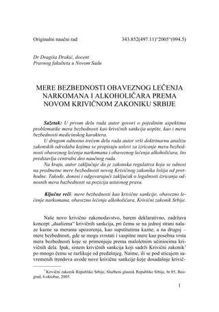 Mere bezbednosti obaveznog lečenja narkomana i alkoholičara prema novom Krivičnom zakoniku Srbije