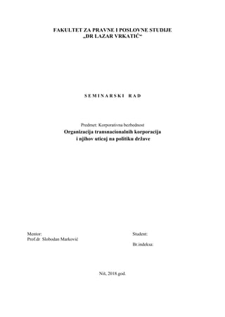 Organizacija transnacionalnih korporacija i njihov uticaj na politiku države