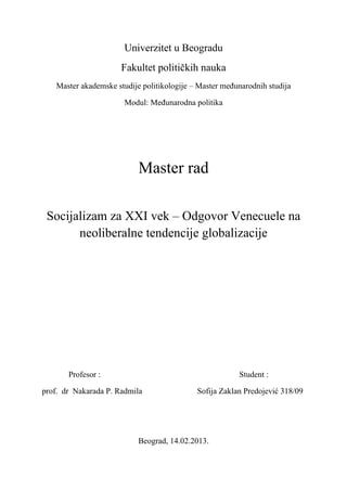 Socijalizam za XXI vek – odgovor Venecuele na neoliberalne tendencije globalizacije