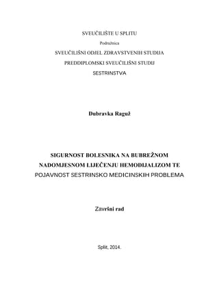 Sigurnost bolesnika na bubrežnom nadomjesnom liječenju hemodijalizom te pojavnost sestrinsko medicinskih problema
