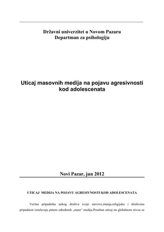 Uticaj mass medija na razvoj agresije kod adolescenata