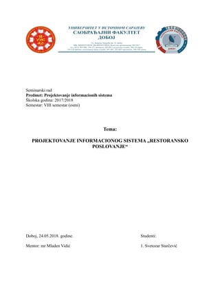 Informacino sistem Restoransko poslovanje