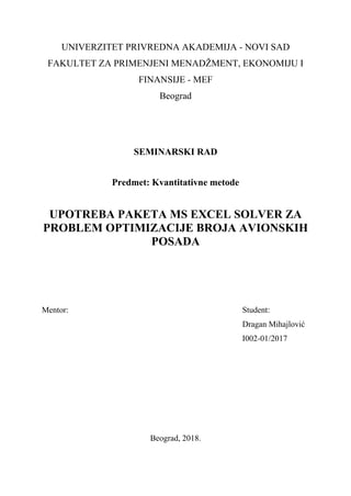 Upotreba paketa MS Excel solver