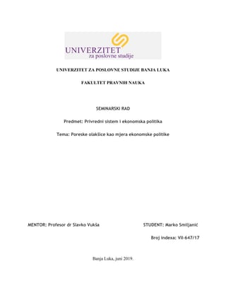 Poreske olakšice kao mjera ekonomske politike