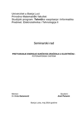 Pretvaranje energije suncevog zracenja u elektricnu