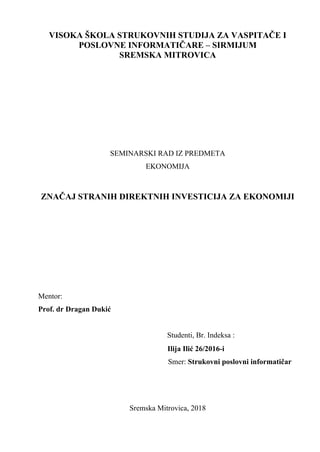 Značaj stranih direktnih investicija za ekonomiju