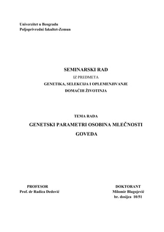 Genetski parametri osobina mlečnosti goveda